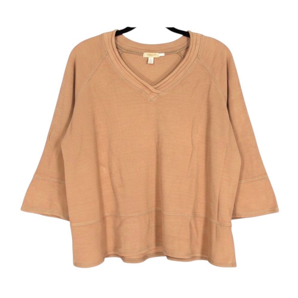 HOT COTTON Brown MID-WEIGHT KNIT V-Neck 3/4 SLEEVE Lagenlook CROPPED Top Sz M